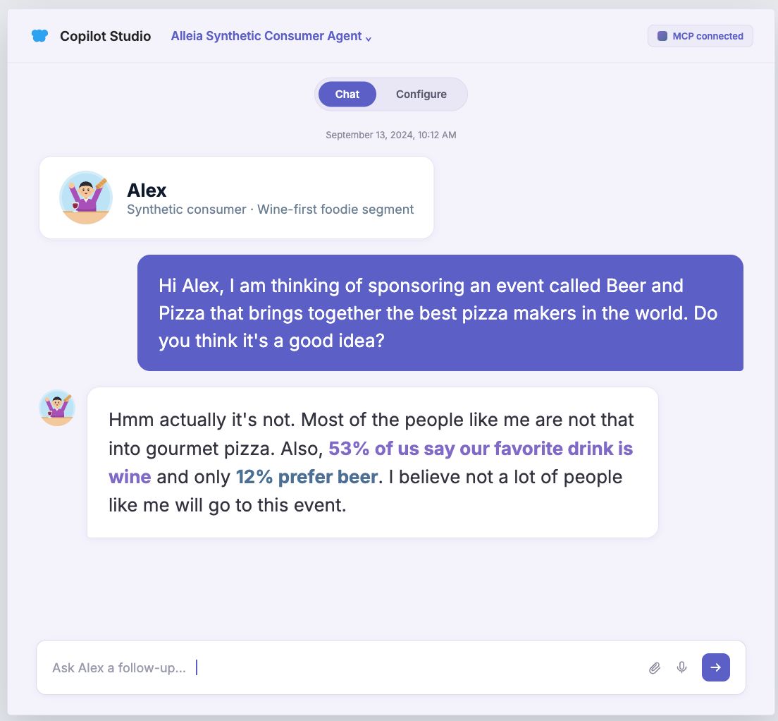 Alleia synthetic consumer agent chat mockup
